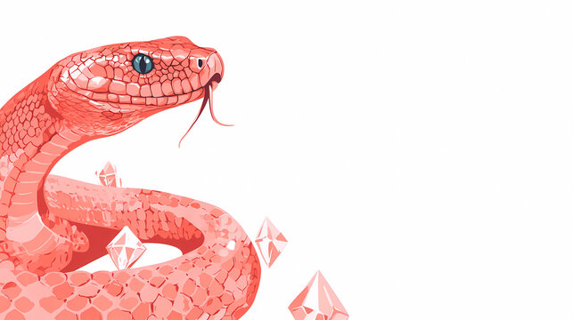 Watercolor illustration of pink snake and diamonds on the side, space for text, minimalism on white background