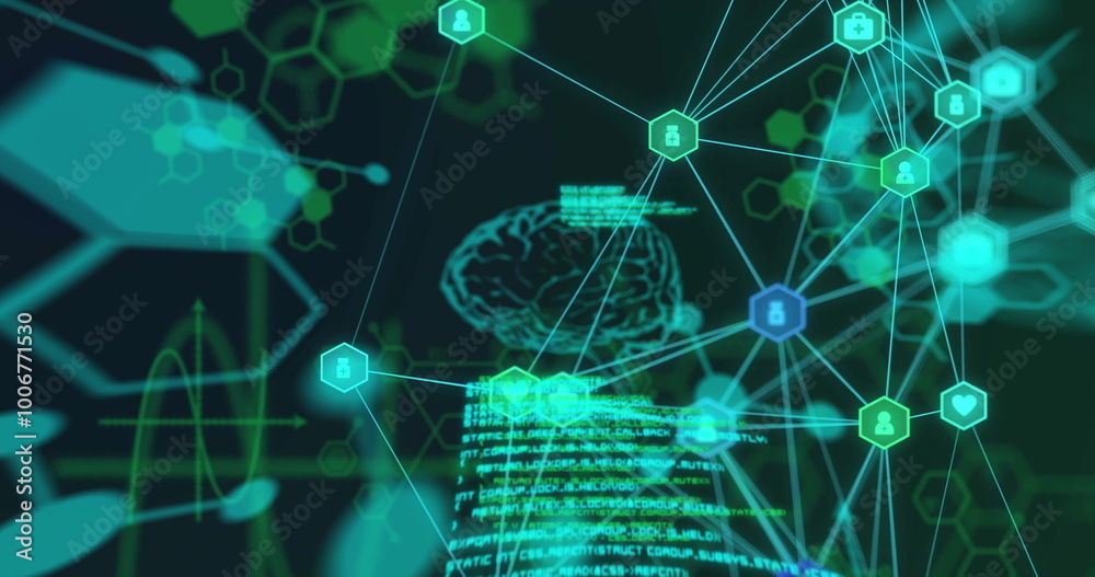 Wall mural image of network of connections and scientific data processing with human brain