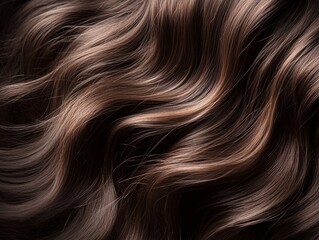 Naklejka premium Close-up shot of long, wavy, brown hair. The strands are styled in a smooth, flowing pattern, creating a soft and luxurious texture.