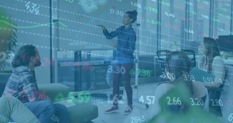 Image of financial data processing over diverse colleagues having meeting in office