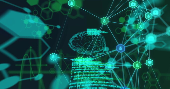 Image of network of connections and scientific data processing with human brain