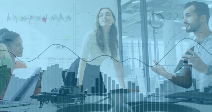 Image of financial data processing over diverse colleagues discussing work in office