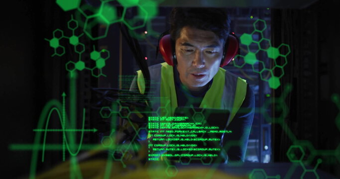 Image of data processing with brains over asian male worker in server room