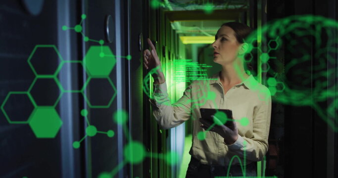 Image of data processing with brains over caucasian businesswoman in server room