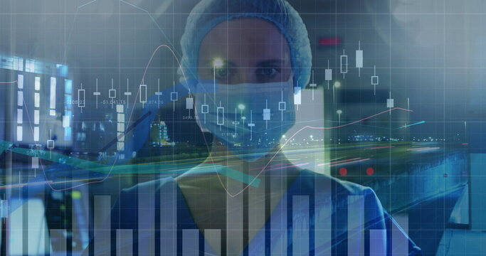 Image of statistics and data processing over caucasian female surgeon