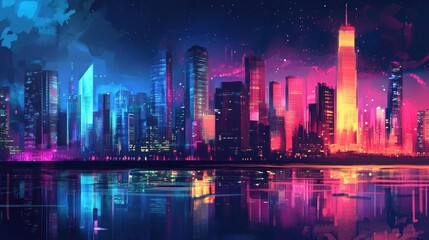 Fototapeta premium Neon Cityscape Reflection