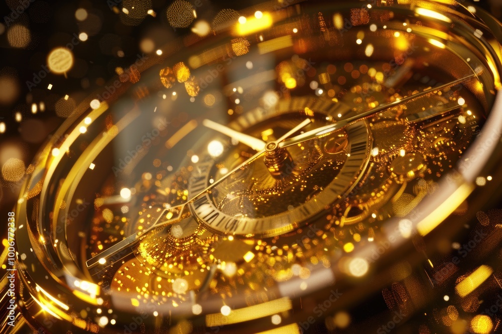 Poster a close-up shot of a golden clock sitting on a table, with intricate details and smooth surface