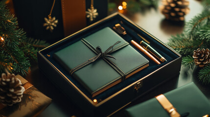  Christmas gift bag featuring a luxury thermal mug, a branded leather notebook, and a holiday card. 