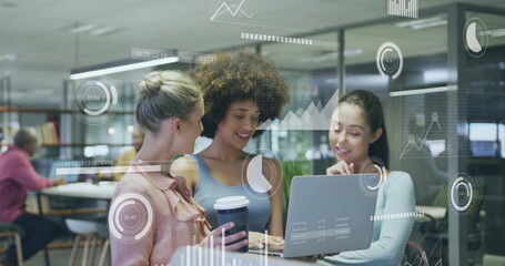 Image of financial data processing over diverse colleagues discussing work in office