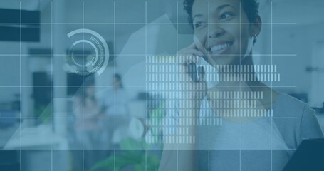 Image of financial data processing over biracial woman using smartphone in office