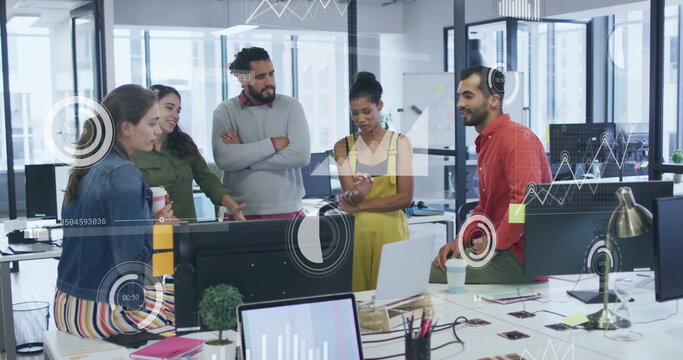 Image of financial data processing over diverse colleagues discussing work in office