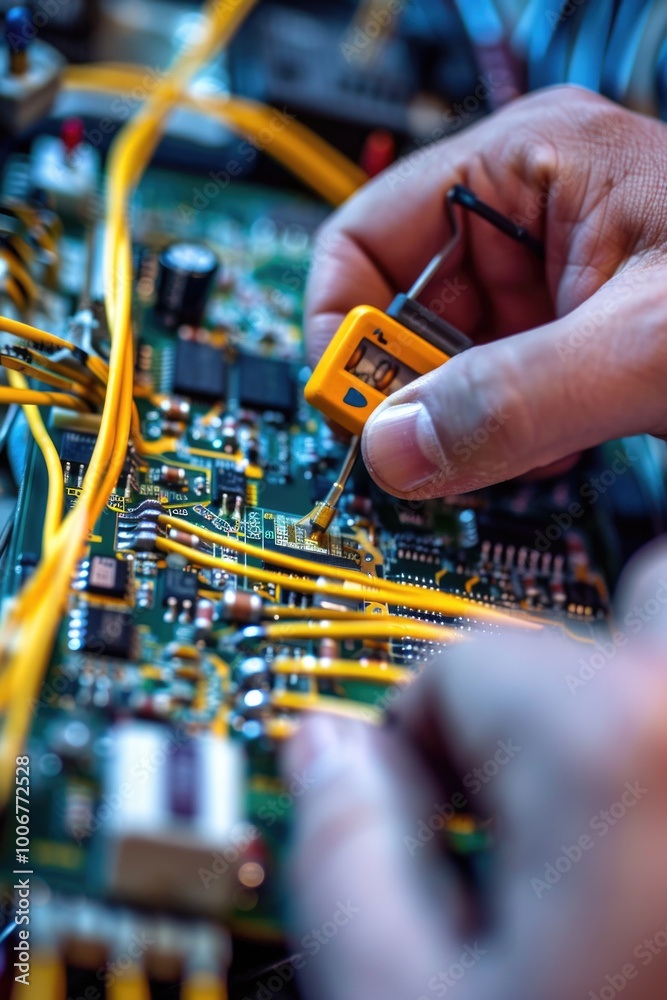 Poster close-up shot of someone assembling electronic components on a printed circuit board