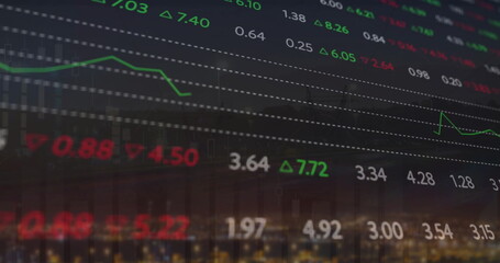 Image of financial data processing over cityscape