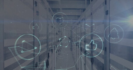 Image of icons and digital data processing over computer servers