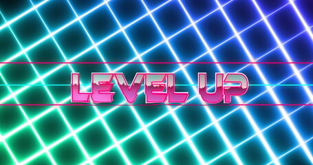 Image of level up text over neon lines on black background