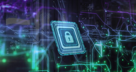 Image of padlock icon and digital data processing over computer servers