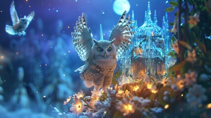 an owl with its wings outstretched, soaring through a mystical forest. The crystal palace and glowing flowers below add to the enchanting ambiance, illuminated by a gentle blue light.