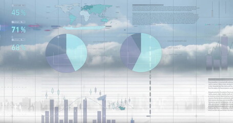 Image of charts processing data over cloudy sky and cityscape