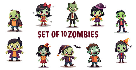 Obraz premium collection of 10 zombie illustrations isolated with no background. Cute female and male green monsters in cartoon style