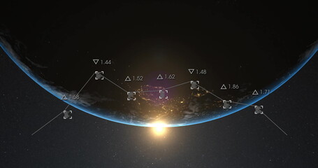 Naklejka premium Image of chart processing data over globe and sun in space