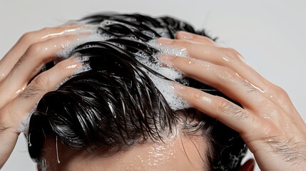 Naklejka premium Young man using shampoo on head isolated on white background, close up of hands holding black hair
