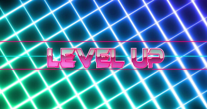 Image of level up text over neon lines on black background