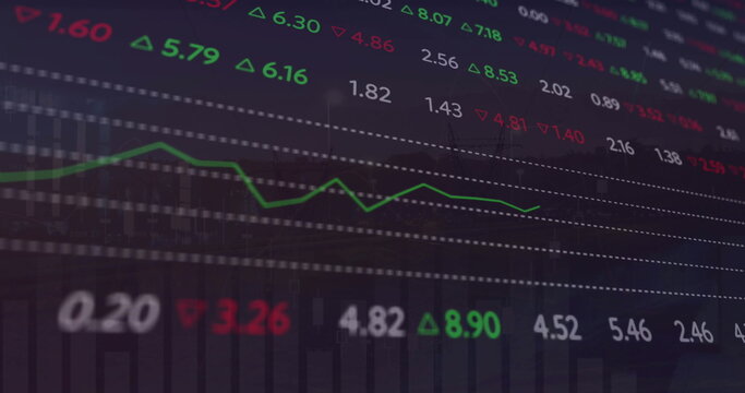 Image of financial data processing over cityscape