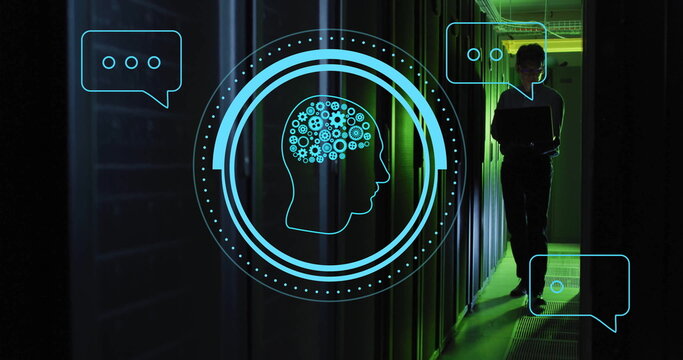 Image of ai chat dialogue and scanner with brain network over male technician in server room