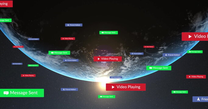 Image of social media notifications over globe in space - Powered by Adobe