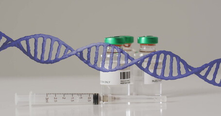 Image of dna strand and data processing over vaccination