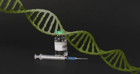 Image of dna strand and data processing over vaccination