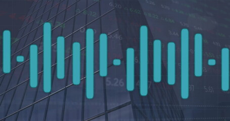 Image of financial data processing over cityscape