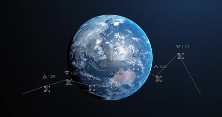 Image of charts processing data over globe on black background