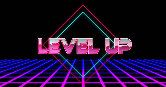 Image of level up text over neon lines on black background