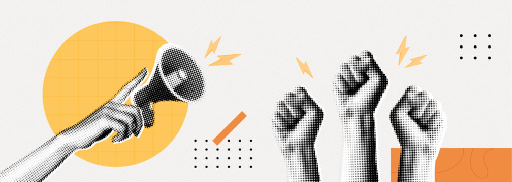 Trendy Halftone Collage Raised Fist up and hand with megaphone. Demonstration of protest. Fight for your rights. Power sign. Success and strength. Magazine style. Contemporary vector art illustration