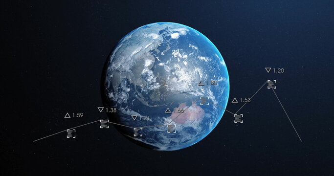 Image of charts processing data over globe on black background