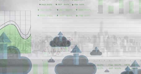 Image of stock market and diagrams over digital clouds and cityscape