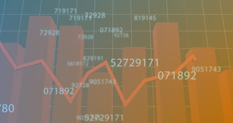 Image of data processing over diagrams on blue background