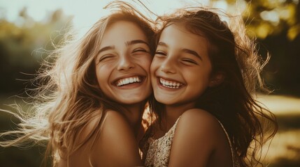 Fototapeta premium Two joyful girls embrace in a sunlit outdoor setting, sharing warm smiles and laughter during a summer afternoon surrounded by nature