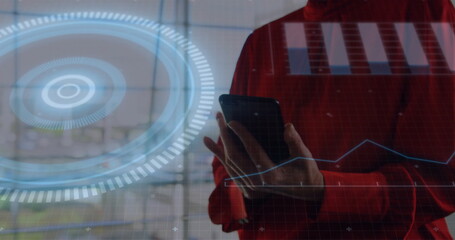 Image of financial data processing over biracial woman using smartphone