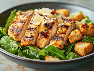 A vibrant and healthy grilled chicken salad served on a dark plate, featuring fresh spinach, croutons, and parmesan cheese, Ideal for culinary blogs, menus, and healthy eating promotions,
