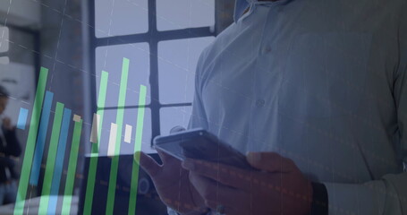 Image of financial data processing over caucasian man using smartphone