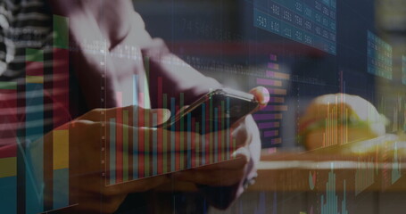 Image of financial data processing over caucasian man using smartphone