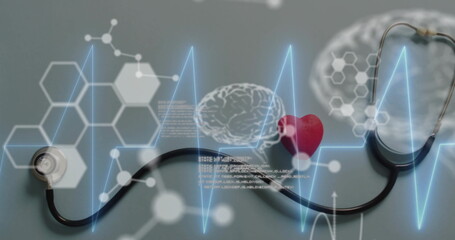 Image of cardiograph with molecules and data processing over stethoscope