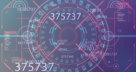 Image of data processing over scope scanning on blue background
