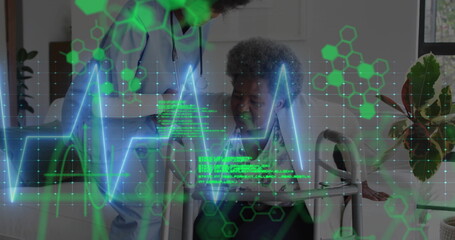 Image of cardiograph and data processing over african american female doctor and senior patient