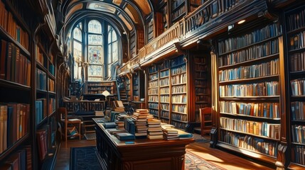 Obraz premium Grand Library Interior with Bookshelves and Sunlight