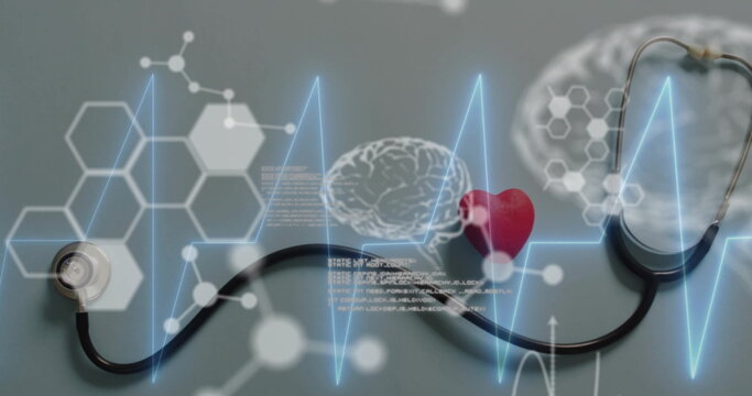 Image of cardiograph with molecules and data processing over stethoscope