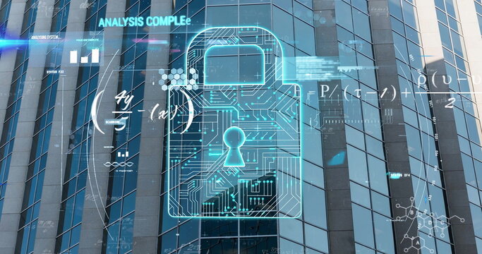 Image of data processing with padlock icon and mathematical equations over office building