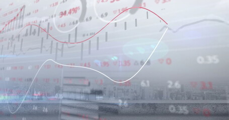 Image of stock market and diagrams over cityscape